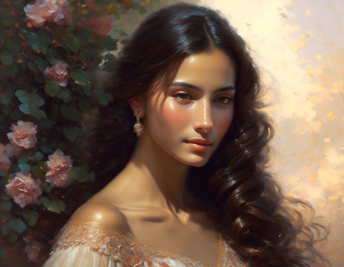 Portrait of Woman with Long Curly Hair, Off-Shoulder Dress, Earring, Pink Roses