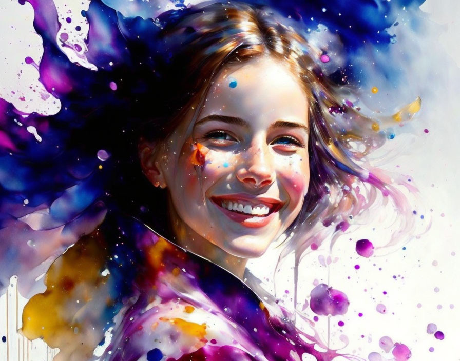 Colorful Watercolor Painting of Smiling Woman with Blue and Purple Splashes