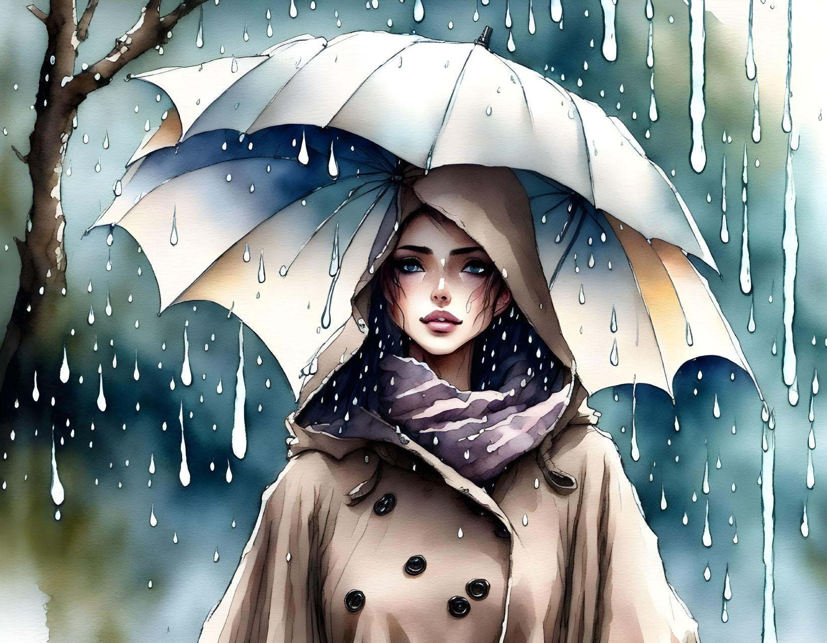 Vibrant illustration: Woman with umbrella on rainy day