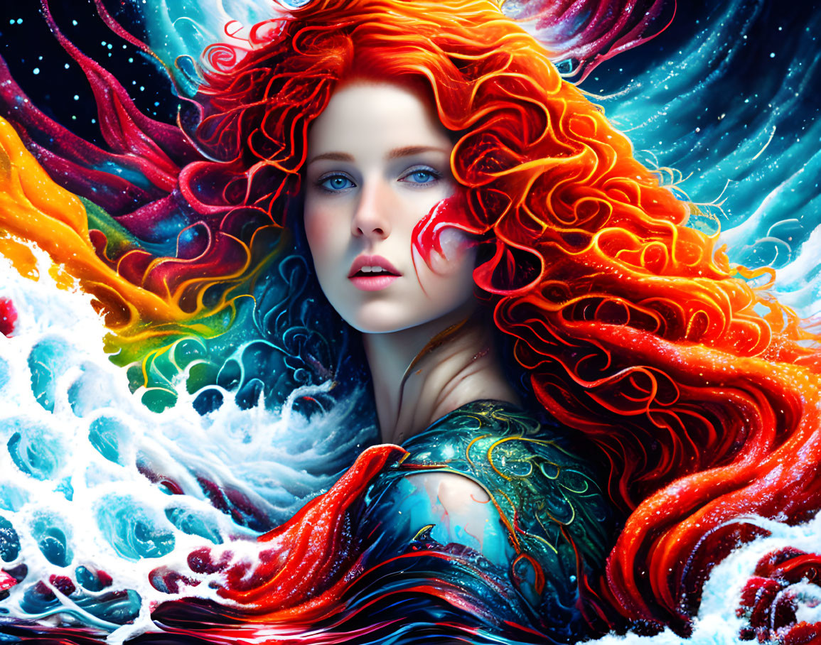 Digital artwork featuring woman with red curly hair merging with sea and cosmic backdrop