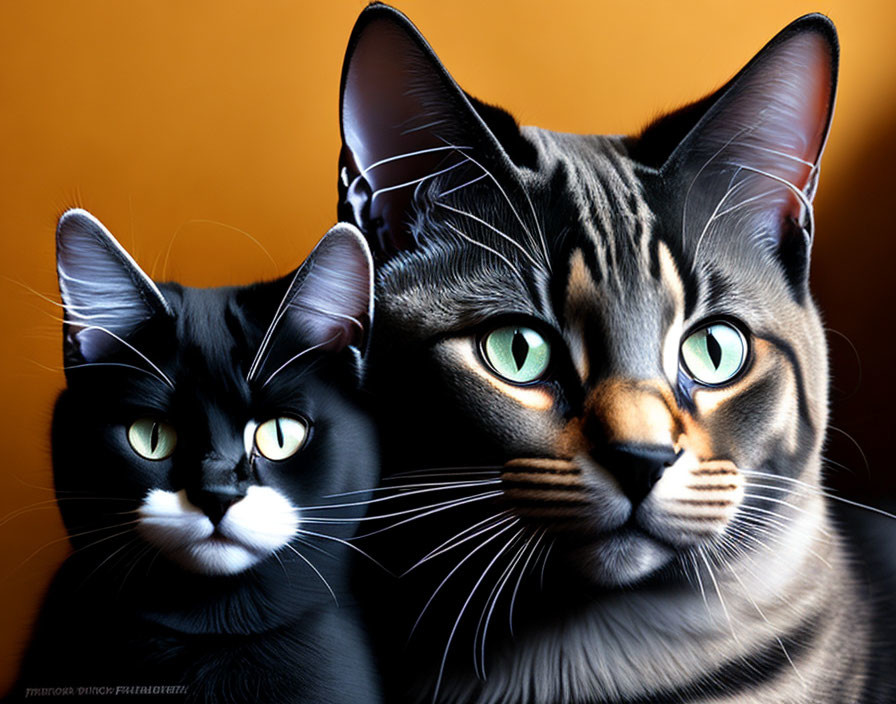 Two domestic cats with striped fur and green eyes on orange backdrop