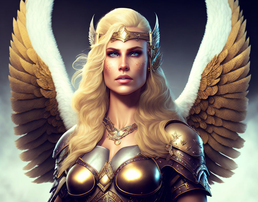 Female angelic figure in golden armor and wings on moody background