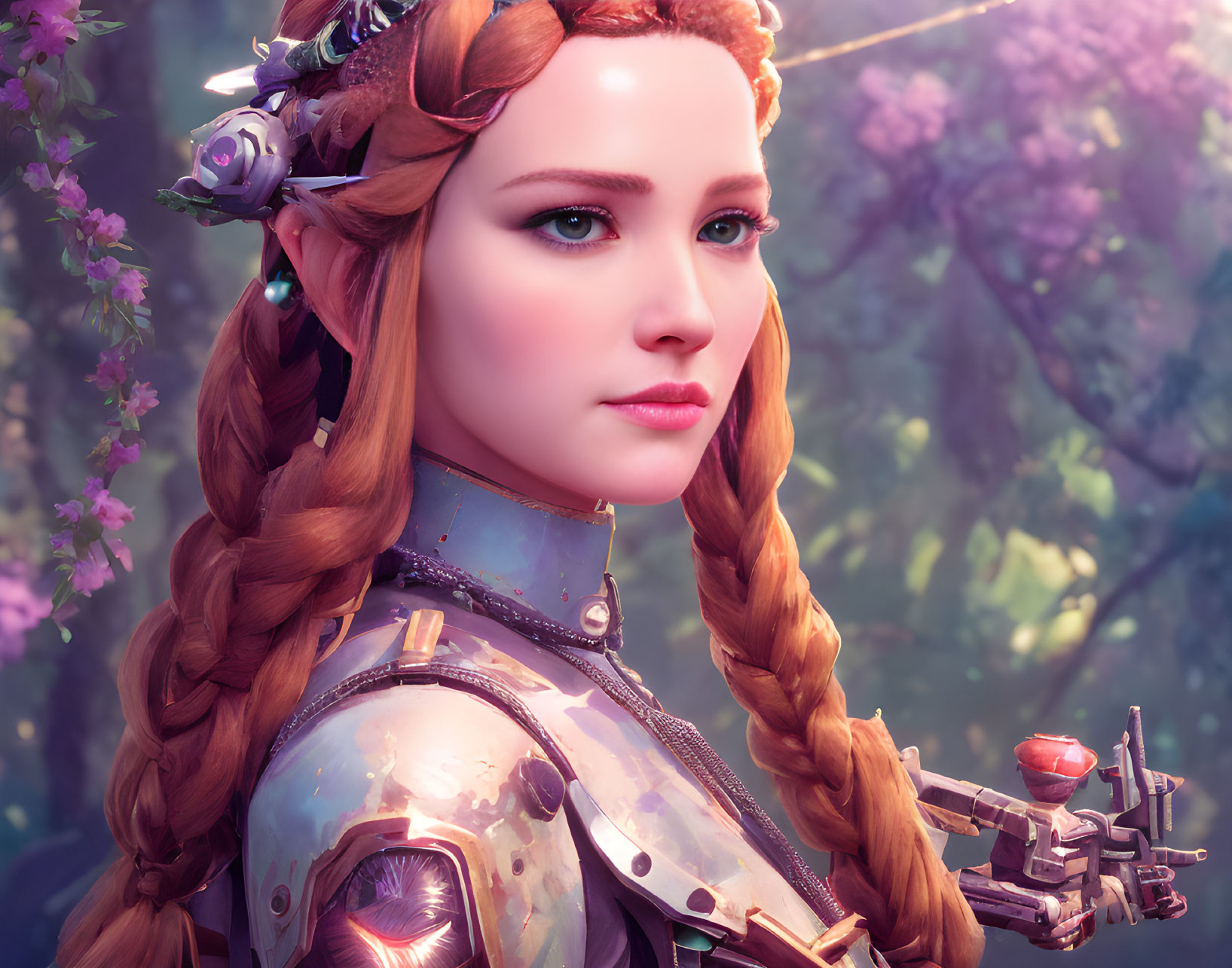 Digital artwork of woman with braided hair in futuristic armor in pink floral setting