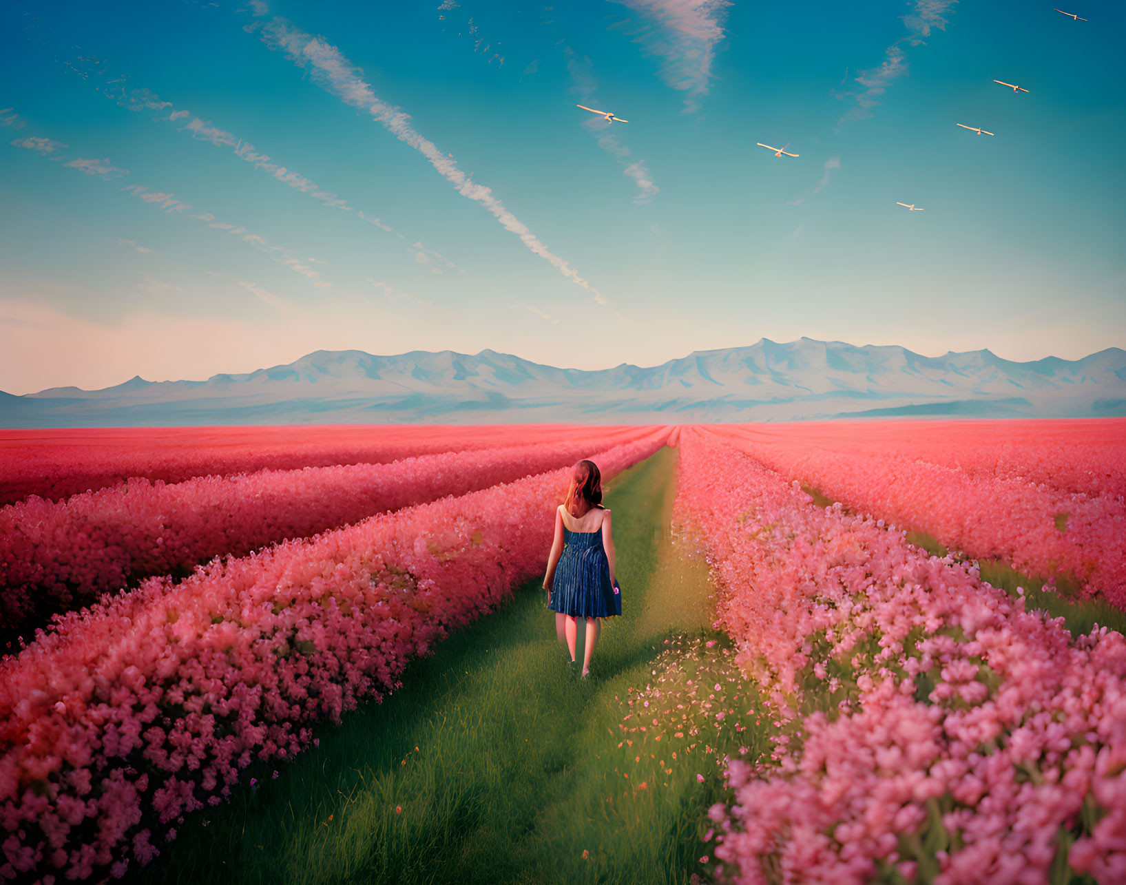 Girl in blue dress walking through field of pink flowers with mountains in background