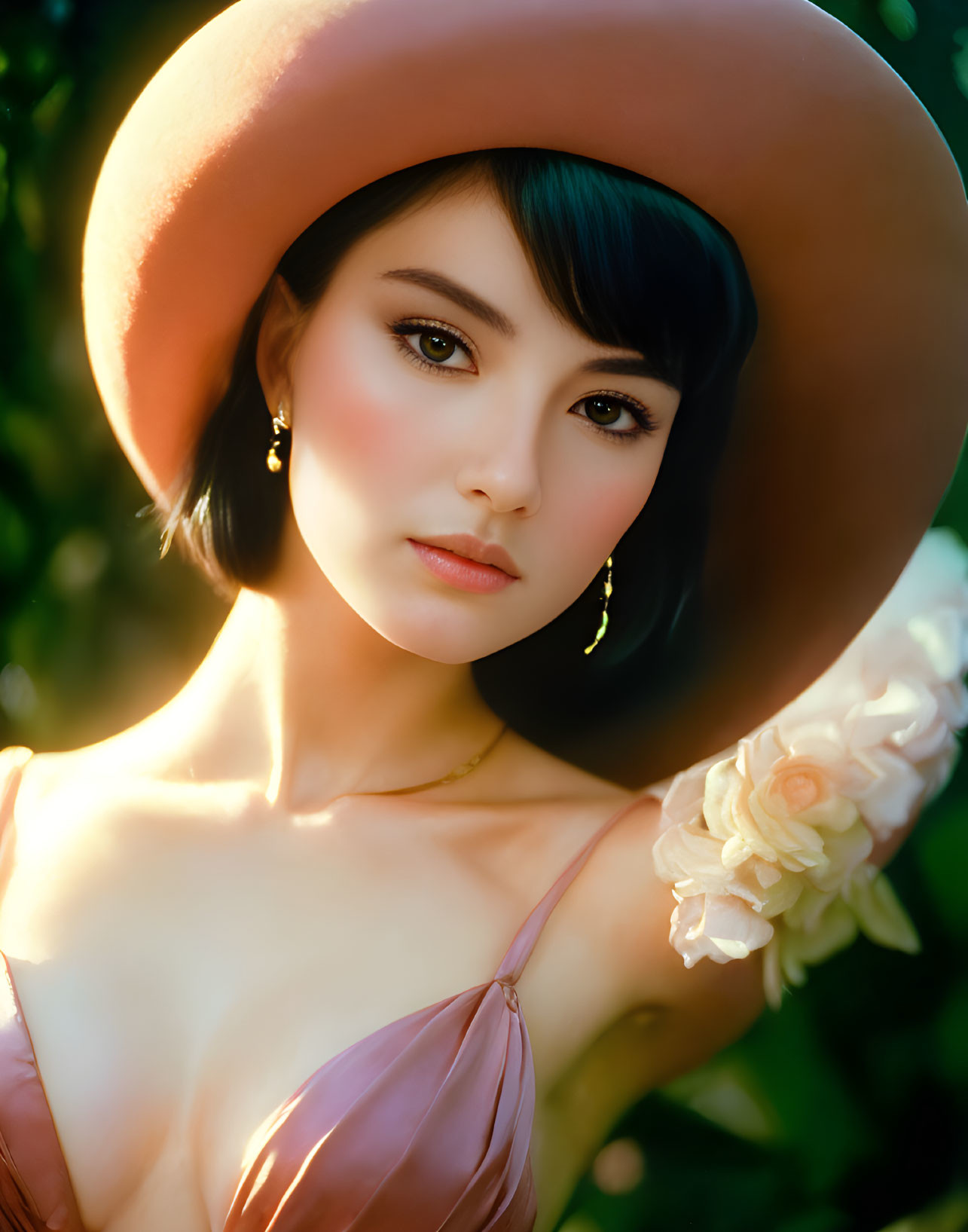 Portrait of Woman in Broad-Brimmed Hat and Satin Dress with White Floral Accent