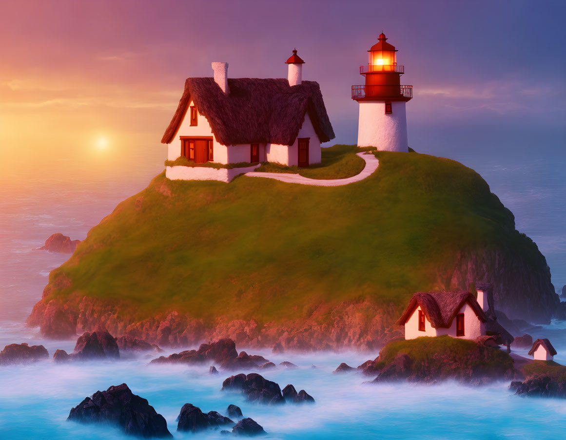 Tranquil sunset scene with lighthouse, cottage, and misty cliff