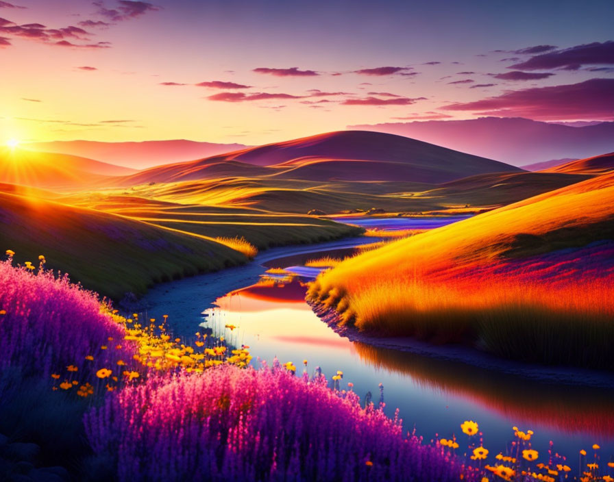 Scenic sunset over rolling hills with river and wildflowers