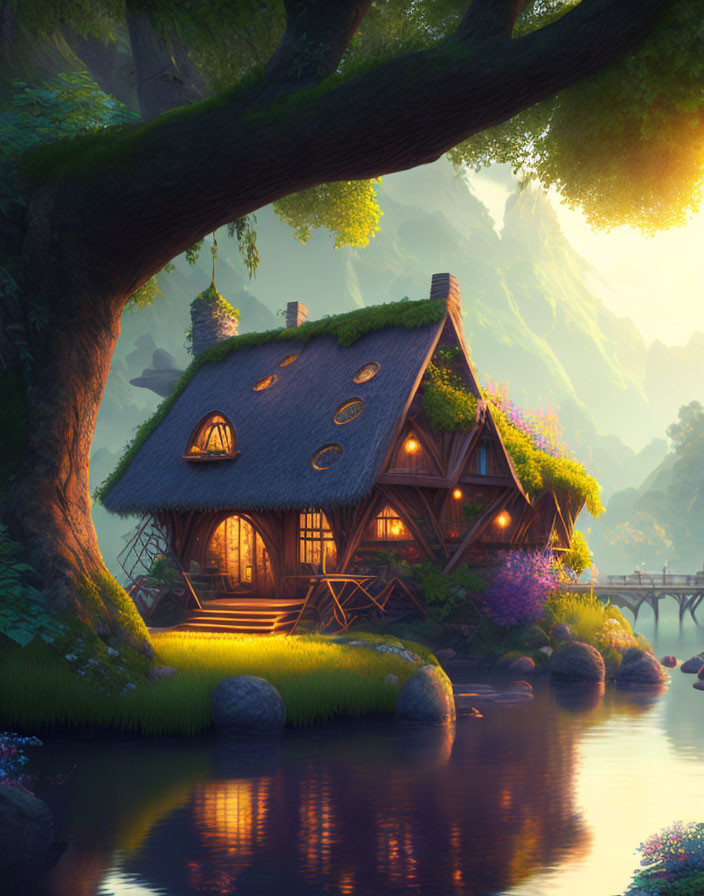 Thatched Cottage in Mystical Forest at Sunset