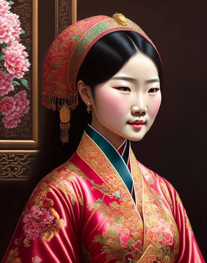 Portrait of Woman in Traditional Asian Attire with Peonies Backdrop