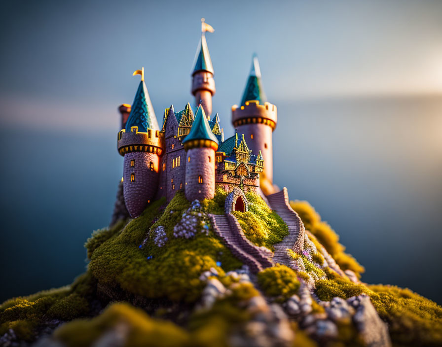 Miniature fairy-tale castle on lush green hill with vibrant towers