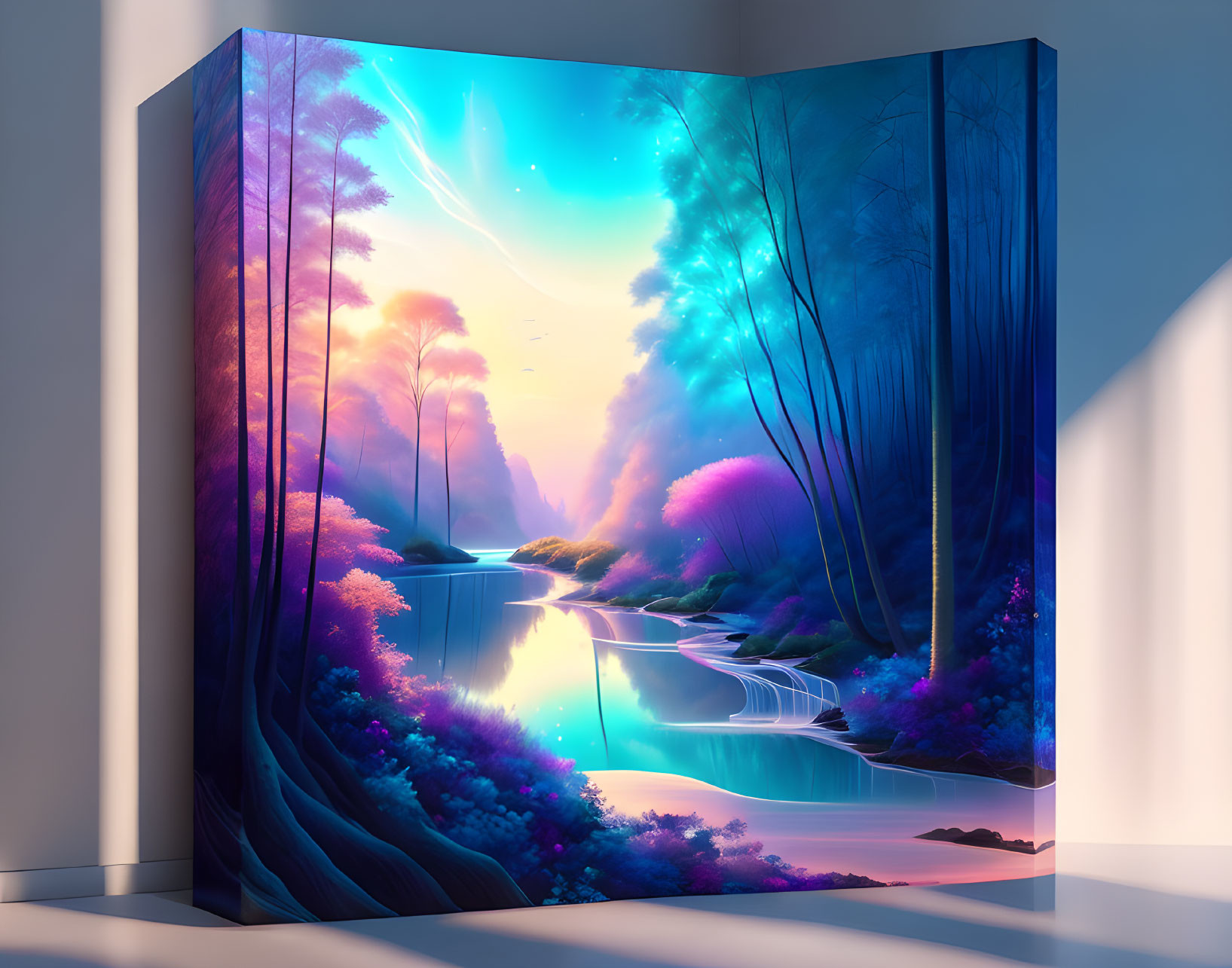 Colorful fantasy landscape with neon flora and ethereal skies in digital art