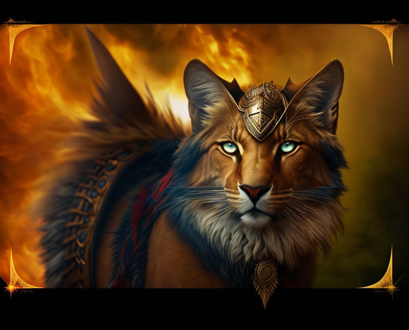 Anthropomorphic lion in ornate armor with blue eyes on fiery backdrop