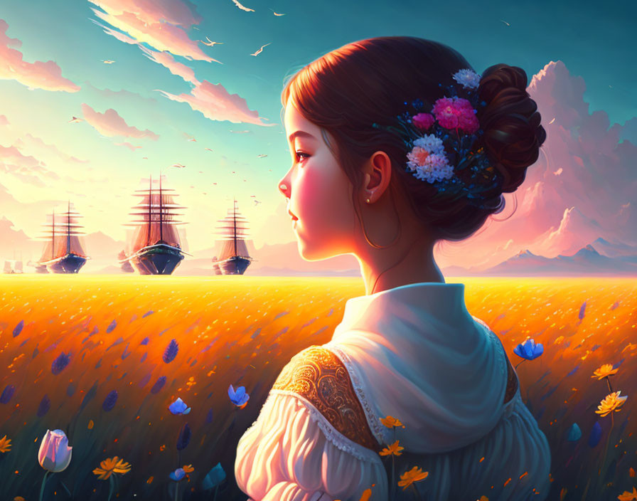 Young woman admiring sailing ships in vibrant flower field at sunset