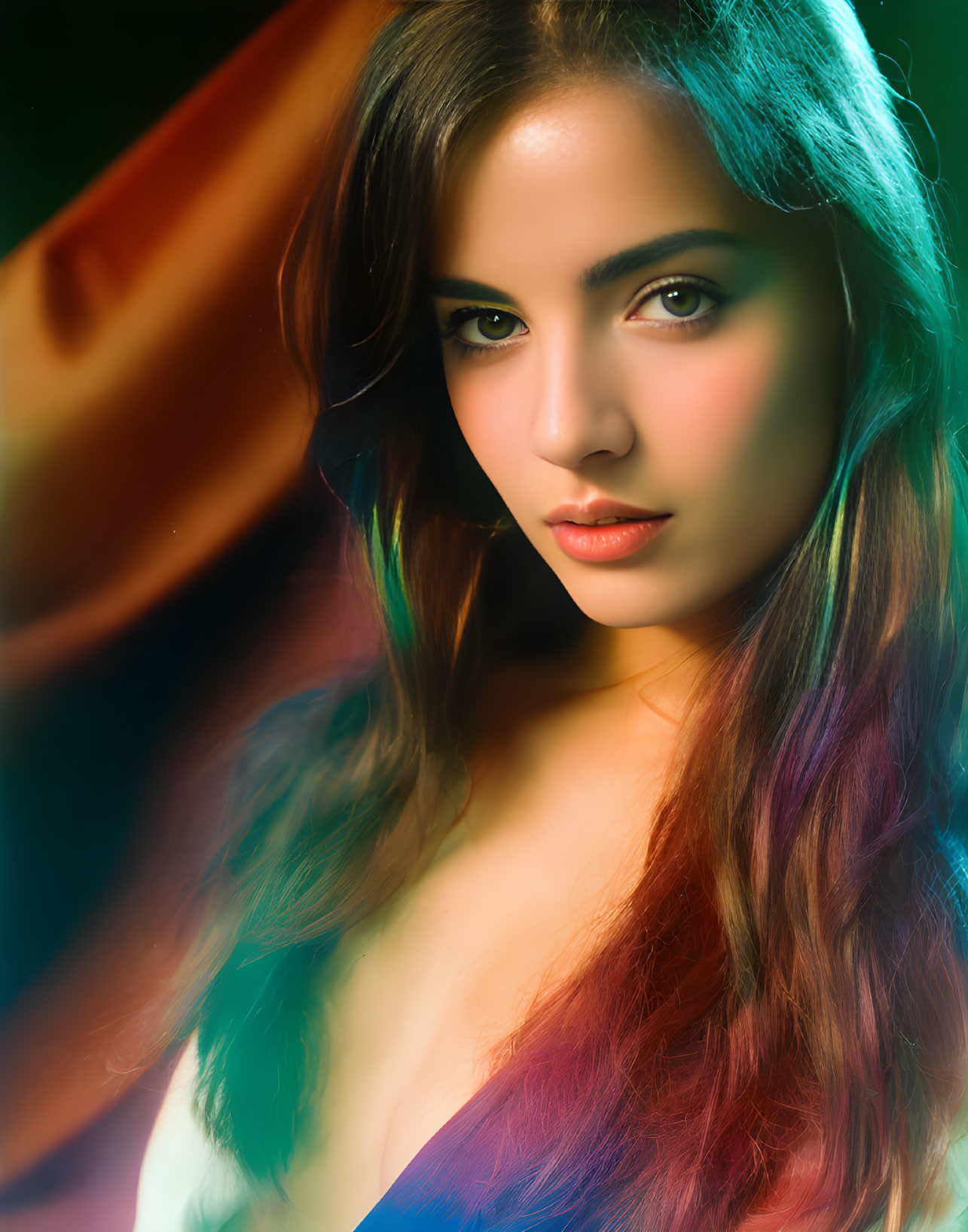 Captivating gaze of a woman in colorful dramatic lighting