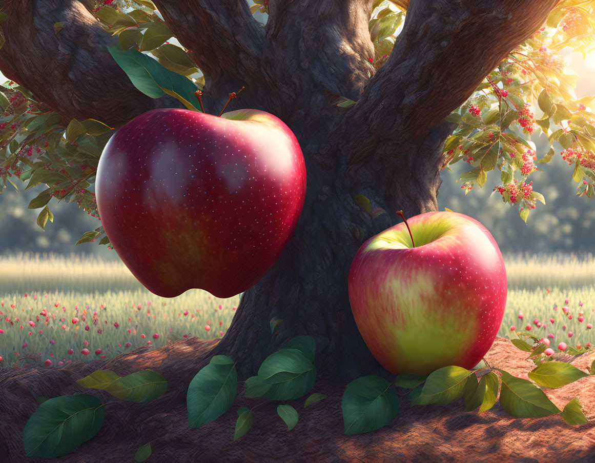 Ripe apples on tree trunk in serene orchard