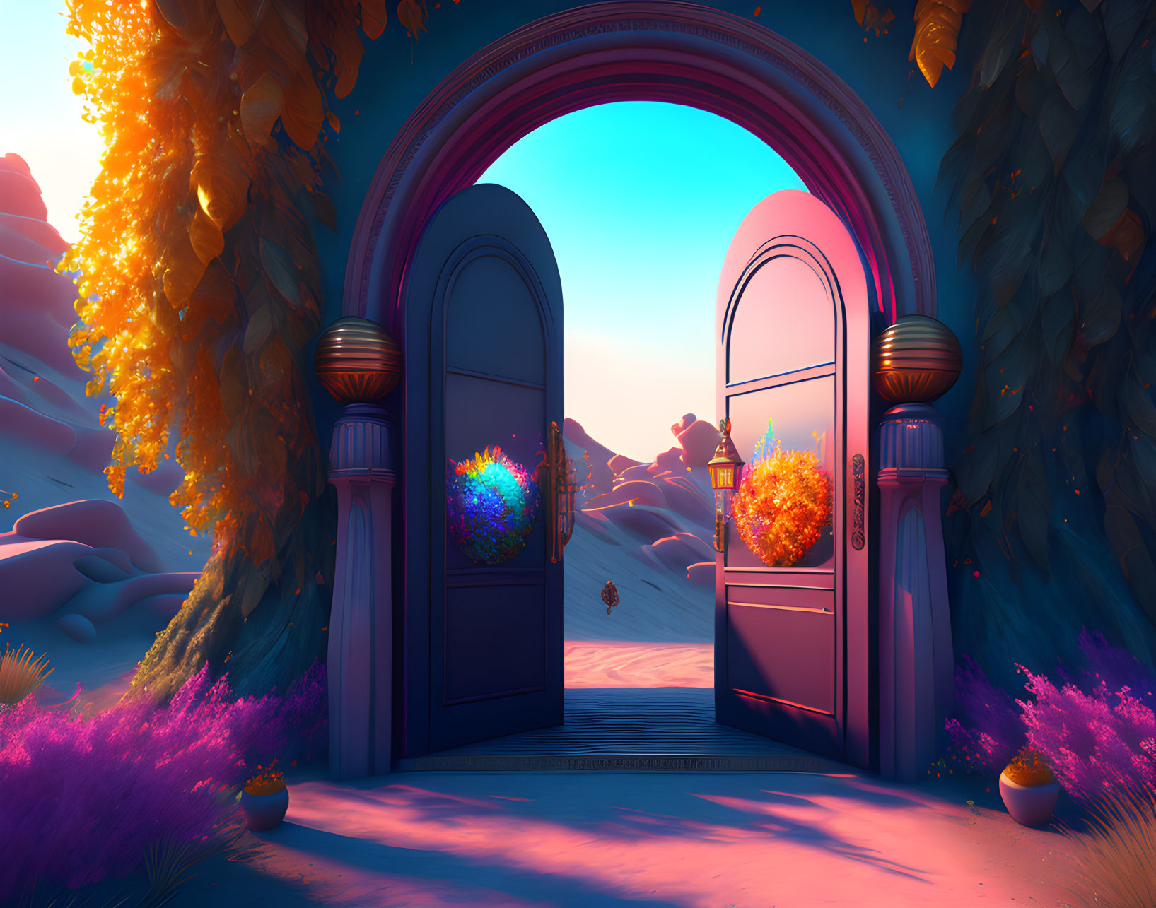 Fantasy doorway to vibrant sunset landscape with illuminated trees and floating orb