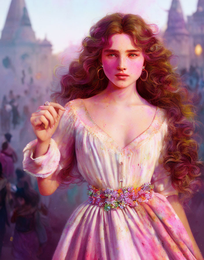 Young woman with auburn hair in pastel dress against ethereal backdrop