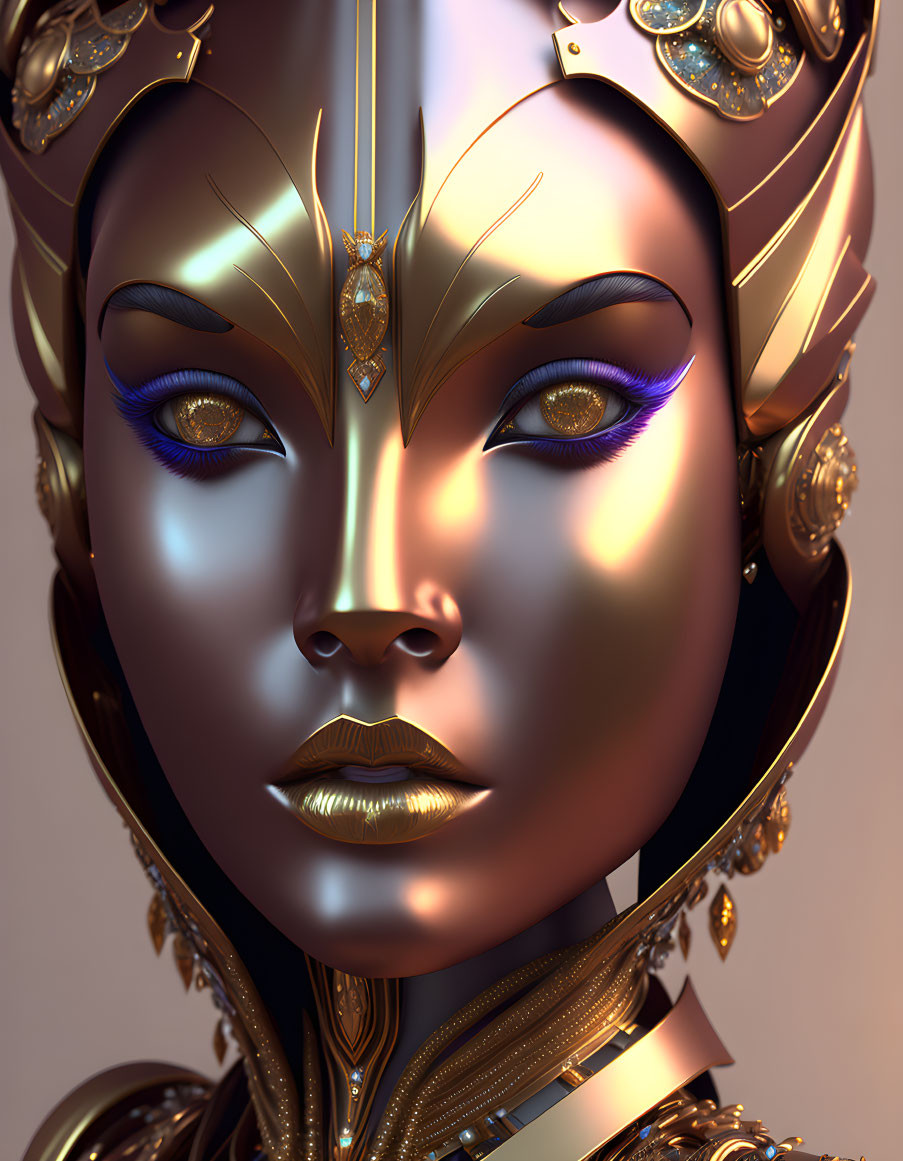 Digital 3D rendering of female figure with metallic skin and gold crown and armor