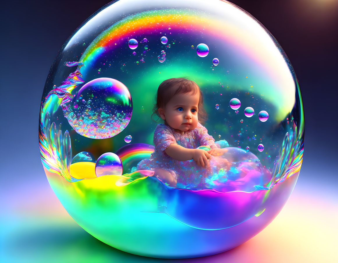 Toddler sitting in large iridescent bubble with vibrant colors.