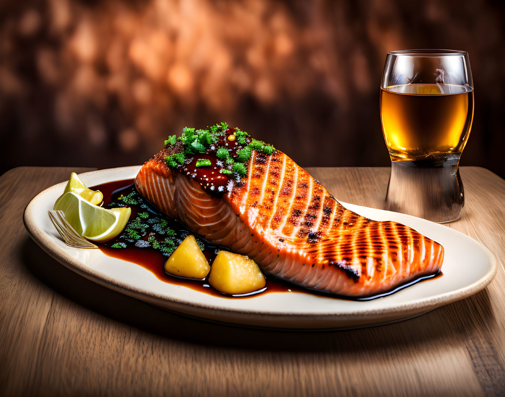 Grilled Salmon Plate with Lemon Wedges and Whiskey Glass