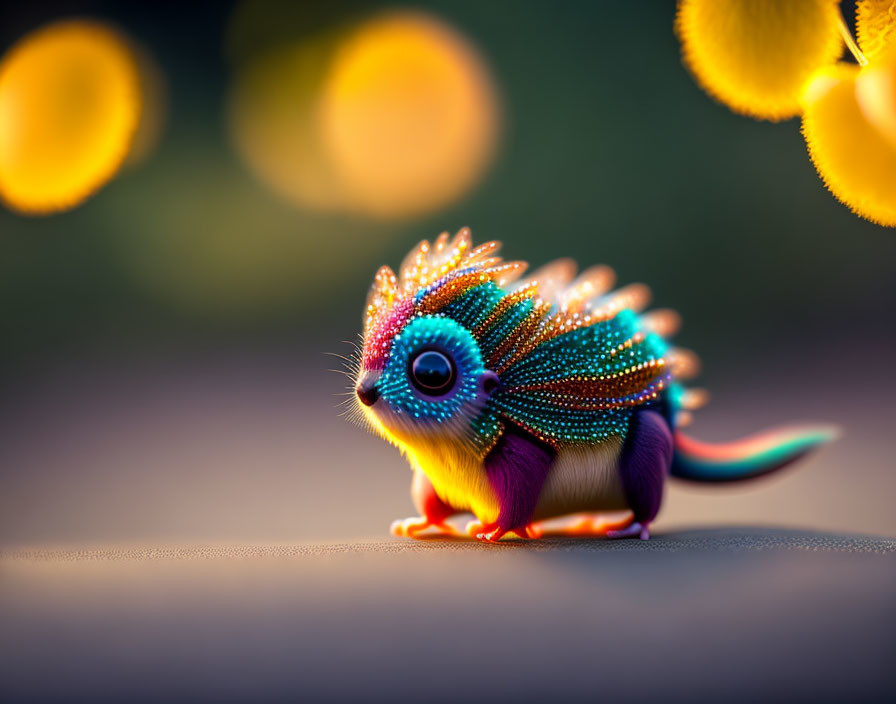 Colorful fantasy creature with sparkling quills in bokeh light.