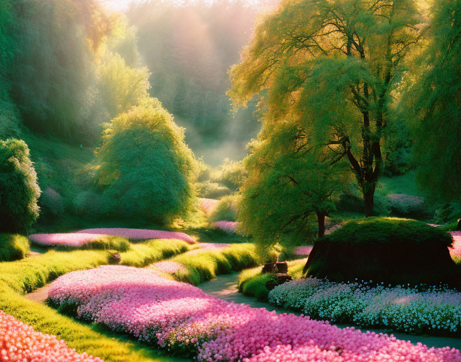 Blooming pink and white flowers in lush garden scenery