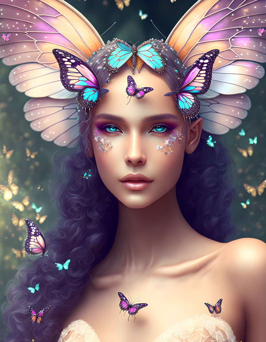 Fantasy female character with butterfly wings in forest setting