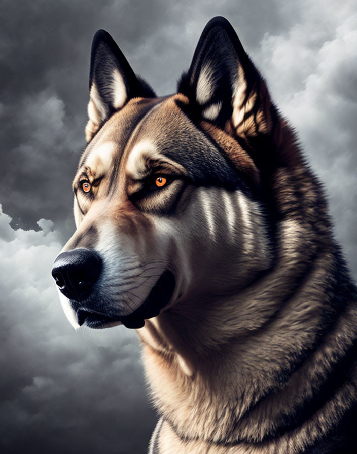 Close-up Husky with Orange Eyes in Moody Sky