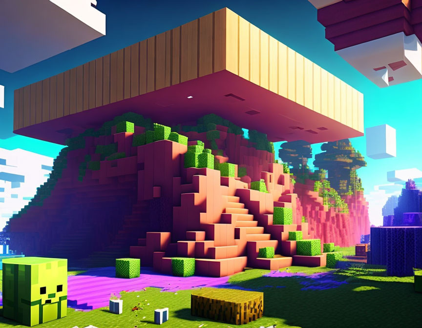 Vibrant block-style landscape with large treehouse and cube-shaped creatures