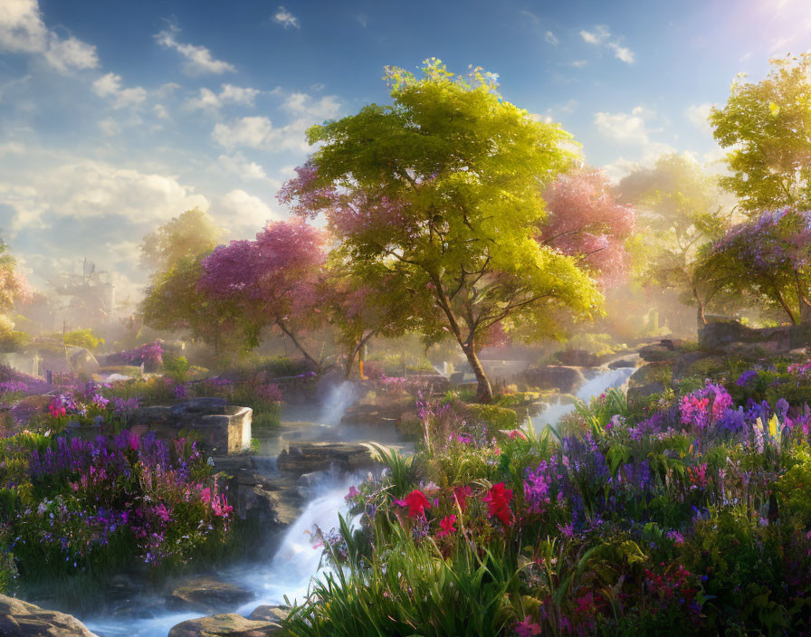 Vibrant flowering trees in serene landscape