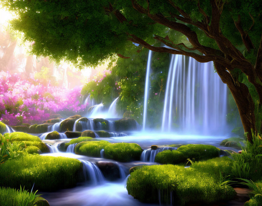 Tranquil waterfall over mossy rocks in lush greenery