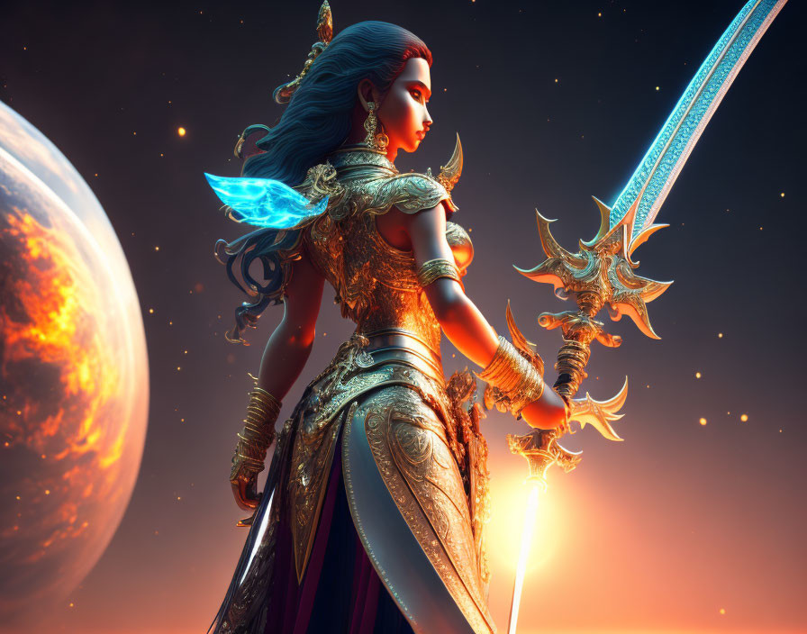 Female warrior in elaborate armor with glowing sword against celestial backdrop