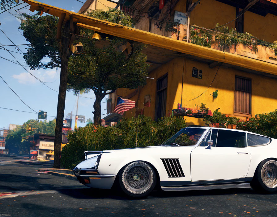 White sports car parked on sunny street corner by tree and yellow building with American flag