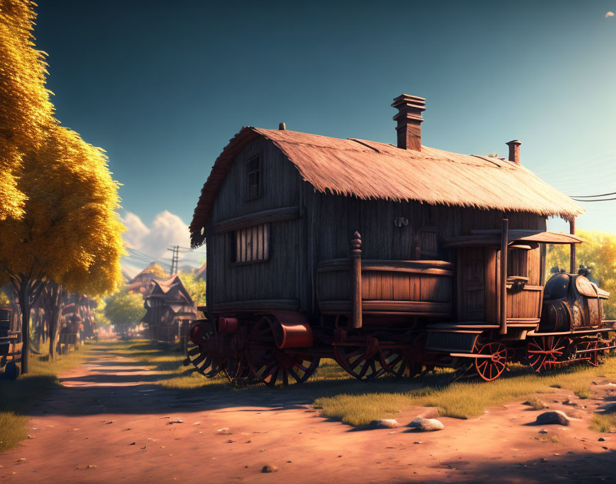 Wooden house on vintage locomotive in autumn landscape