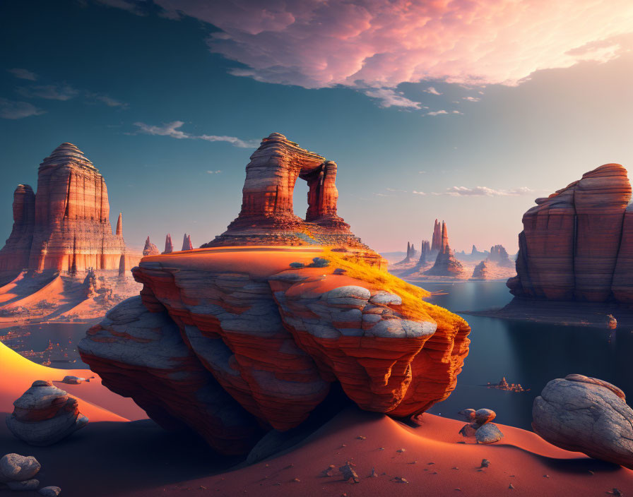 Surreal landscape with red rock formations, blue river, orange desert, sunset sky