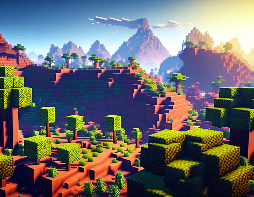 Colorful voxel landscape with blocky terrain, trees, mountains, and streaky clouds