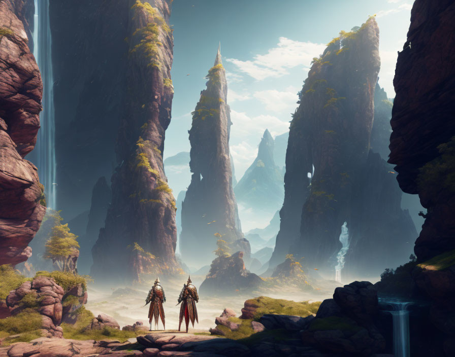 Elaborately armored figures in mystical landscape with rock formations