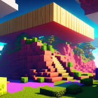 Vibrant block-style landscape with large treehouse and cube-shaped creatures