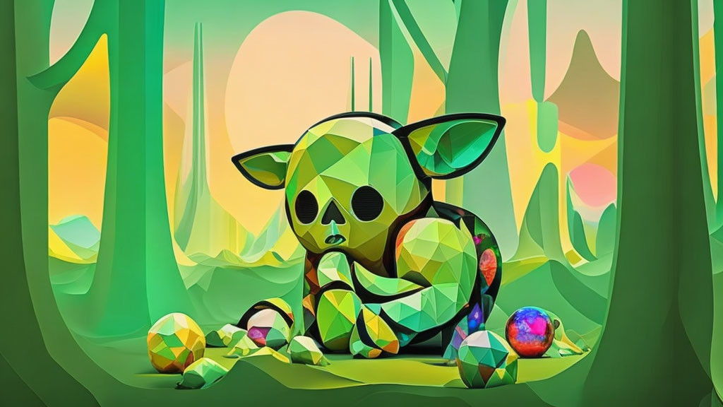 Colorful Stylized Art: Creature with Large Ears in Forest Setting