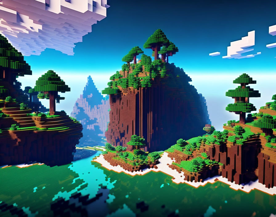 Colorful Voxel Landscape with Mountains and Trees