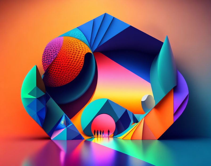 Colorful Abstract 3D Geometric Shapes on Bridge Amid Gradient Background