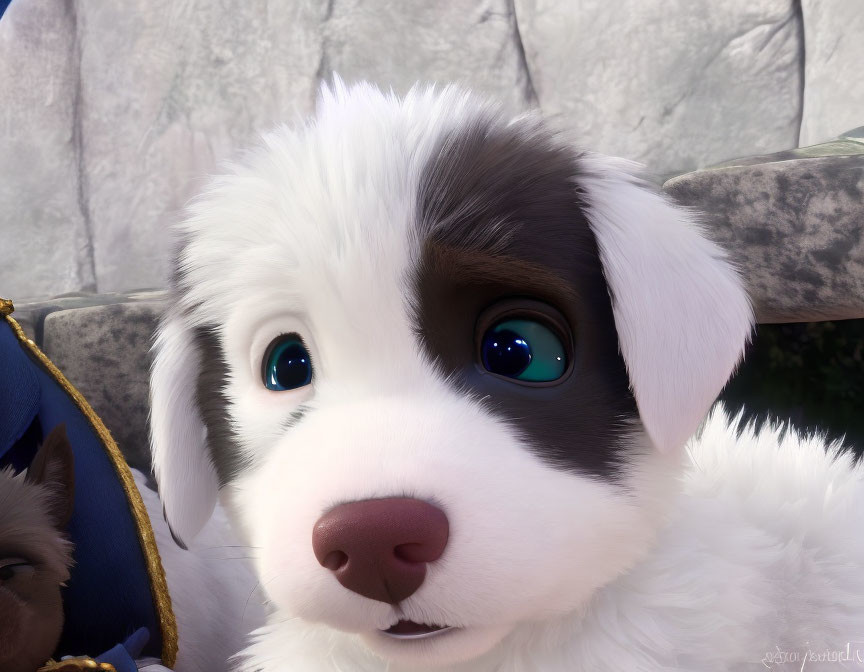 Realistic animated puppy with black and white coat and blue eyes