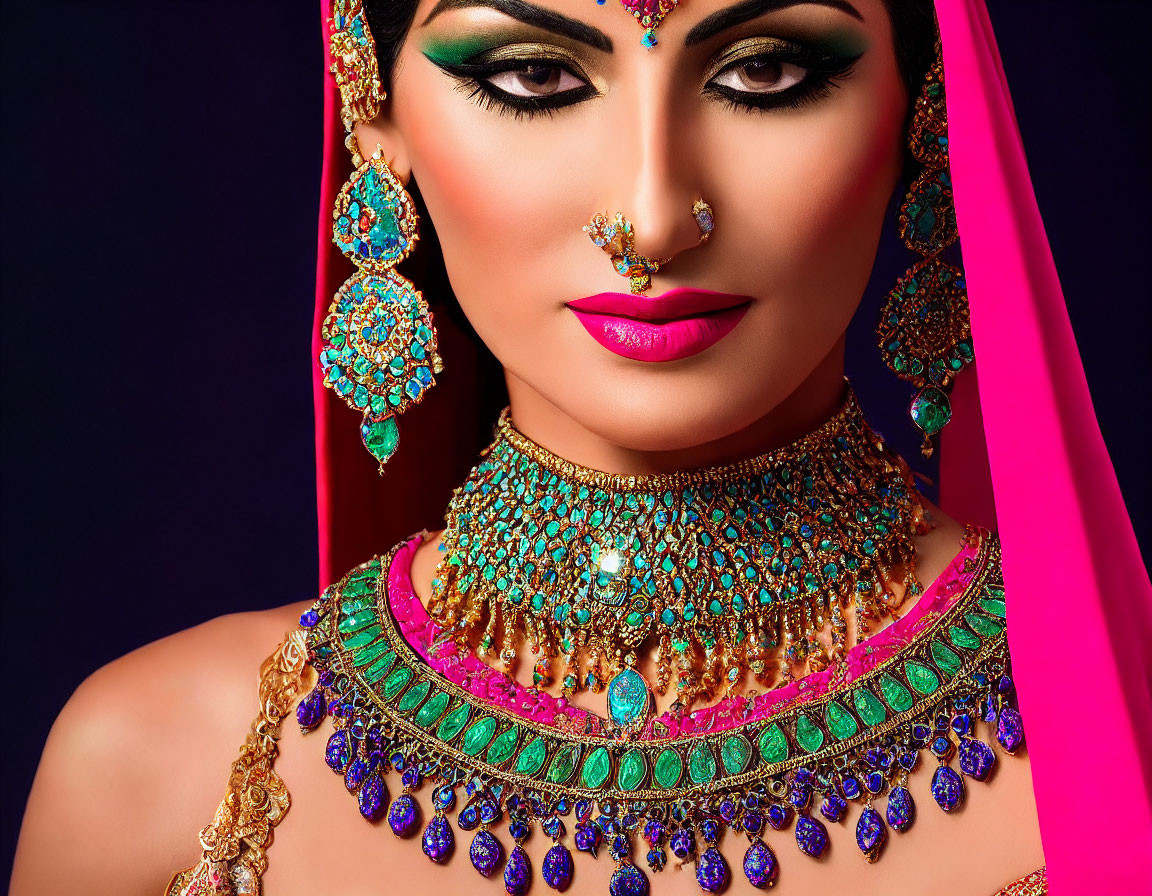 Traditional Indian jewelry and makeup on woman with pink veil and detailed eye makeup