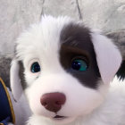 Adorable animated puppy with blue eyes in headset and backpack.