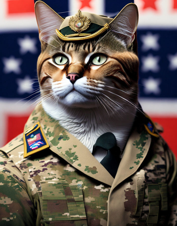 Military uniform cat posing with US flag.