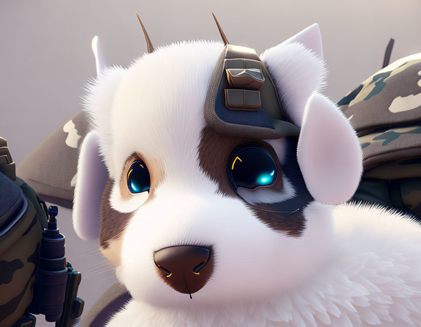 Adorable animated puppy with blue eyes in headset and backpack.