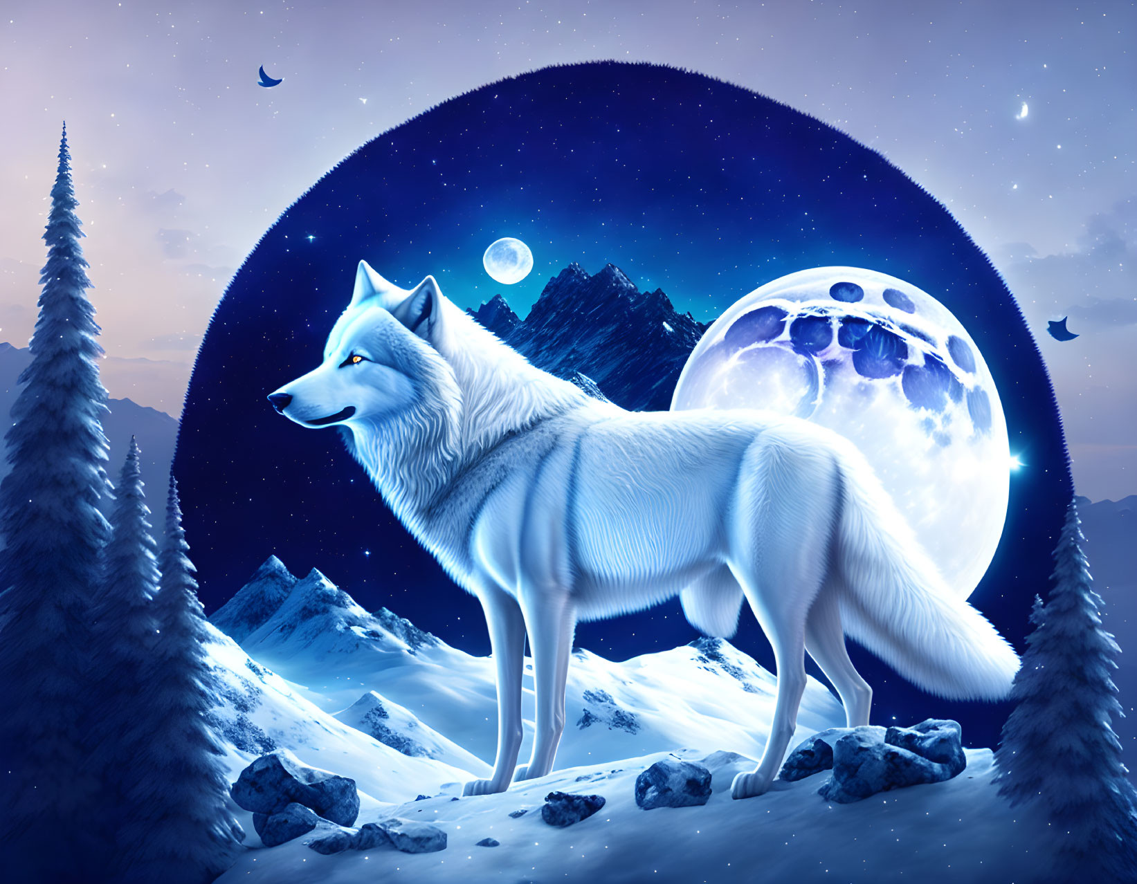 White Wolf in Moonlit Night Landscape with Snowy Peaks