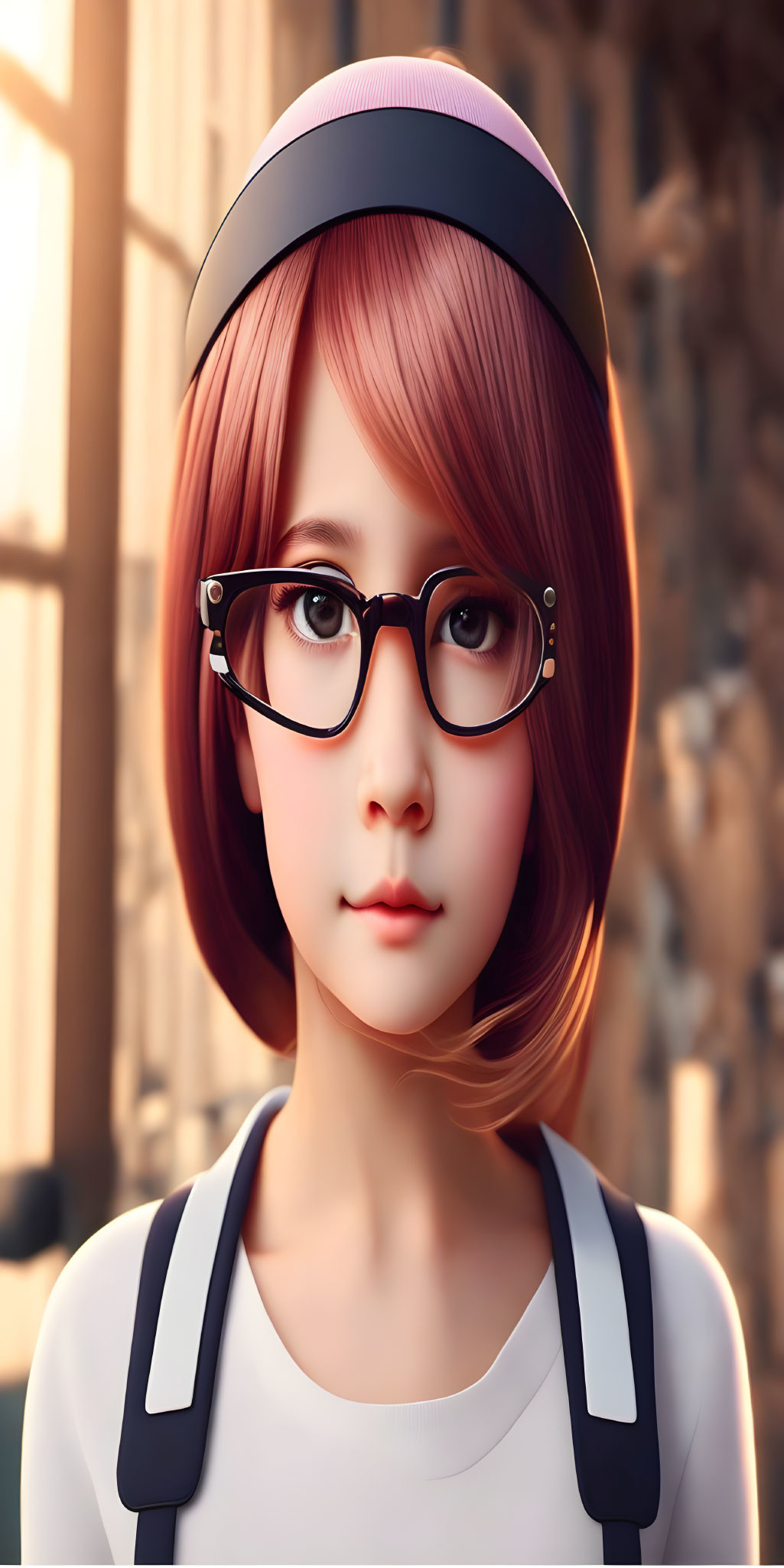 Digital artwork: Young woman with pink hair, cap, glasses, and suspenders