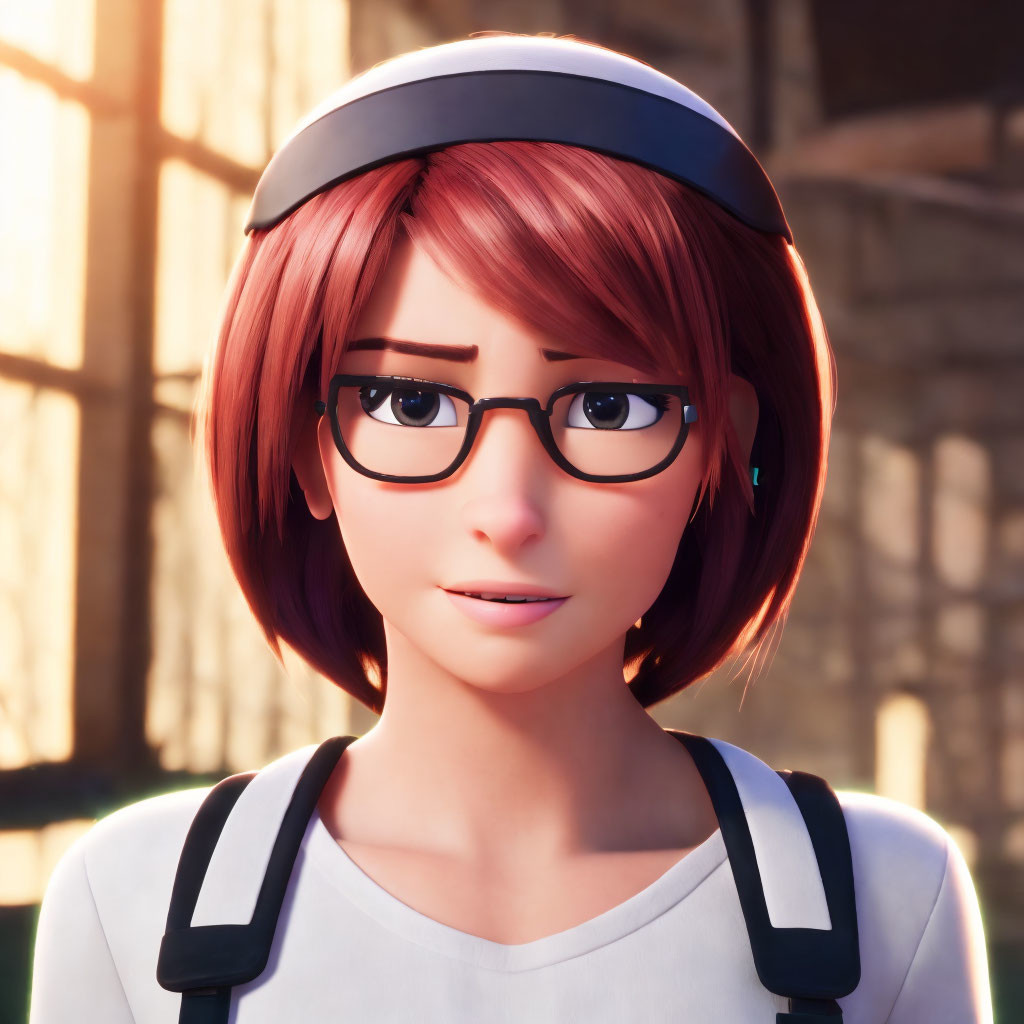 Short Pink-Haired 3D Animated Character in Black Glasses and White Shirt