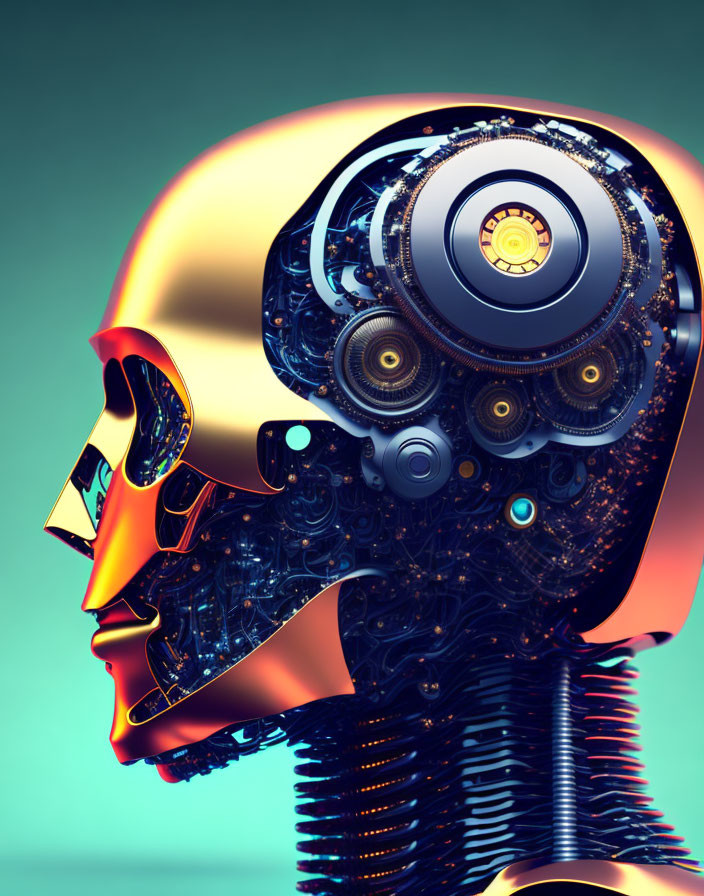 Golden humanoid robot head with intricate inner workings on teal background